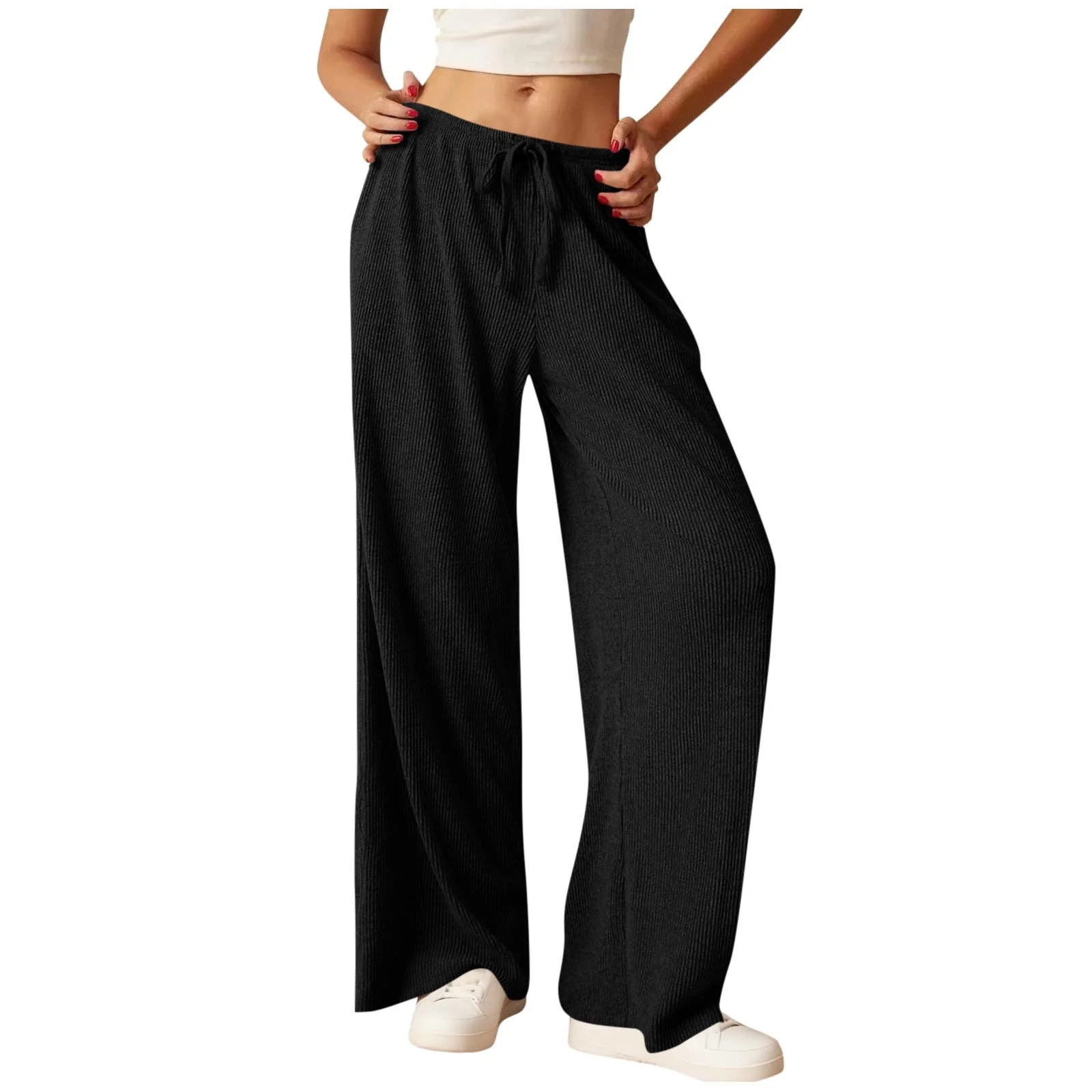 biudgviw Wide Leg Pants for Women Casual Ribbed Knit Lounge Pants Comfy Textured Drawstring Elast... | Walmart (CA)