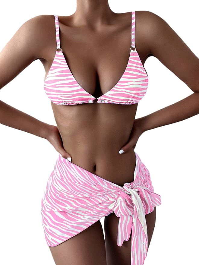 MakeMeChic Women's 3 Piece Halter Tie Side Bikini Set Swimsuit with Swim Beach Cover Up Skirt | Amazon (US)