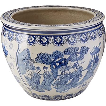 Oriental Furnishings Blue and White Porcelain Garden Pots Painted Landscape (12" W x 9" H/Inside ... | Amazon (US)
