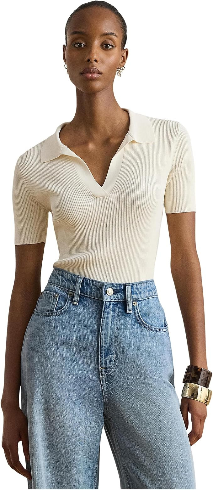 Lauren Ralph Lauren Rib-Knit Short-Sleeve Polo Sweater | Amazon (US)