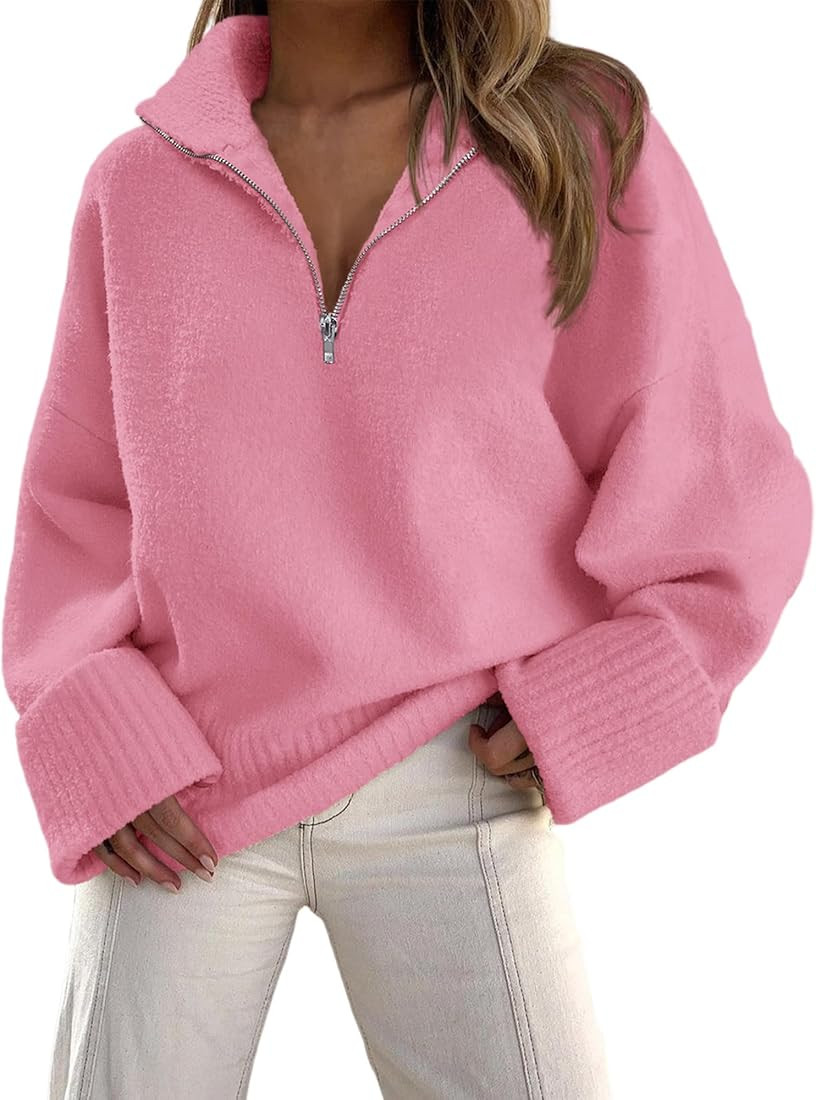 PRETTYGARDEN Women's 2024 Winter Pullover Sweaters Long Sleeve 1/4 Zip Lapel Chunky Knit Blouse T... | Amazon (US)