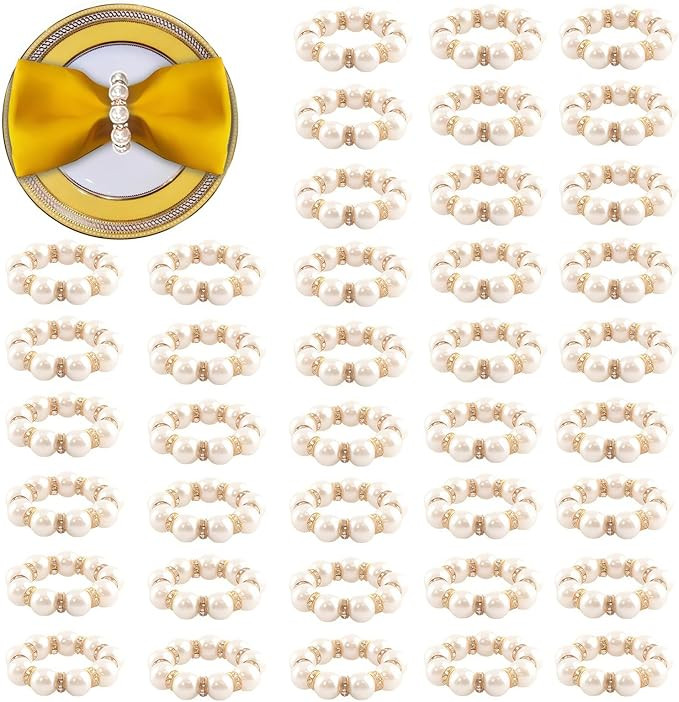 100Pcs Gold Disposable Napkin Rings Imitation Pearl Ring Napkin Holder Delicate White&Gold Beaded... | Amazon (US)