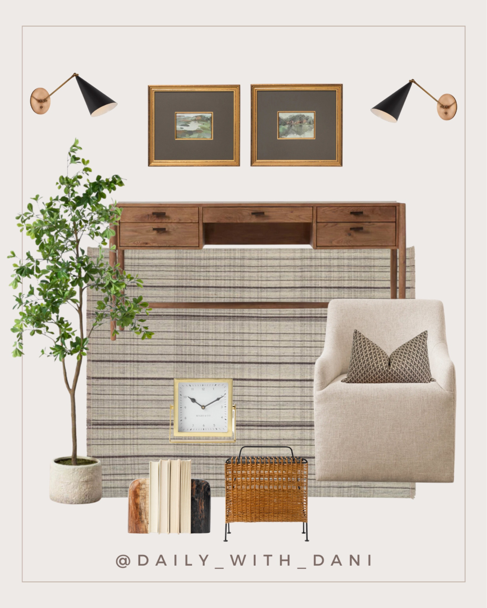 Office decor and decorating ideas. Interior design. Slipcovered linen chair. Faux shady lady tree. McGee and co. Amber Lewis interior.  Brass and black wall sconce. Brass table clock. Vintage artwork

#LTKhome #LTKMostLoved #LTKstyletip