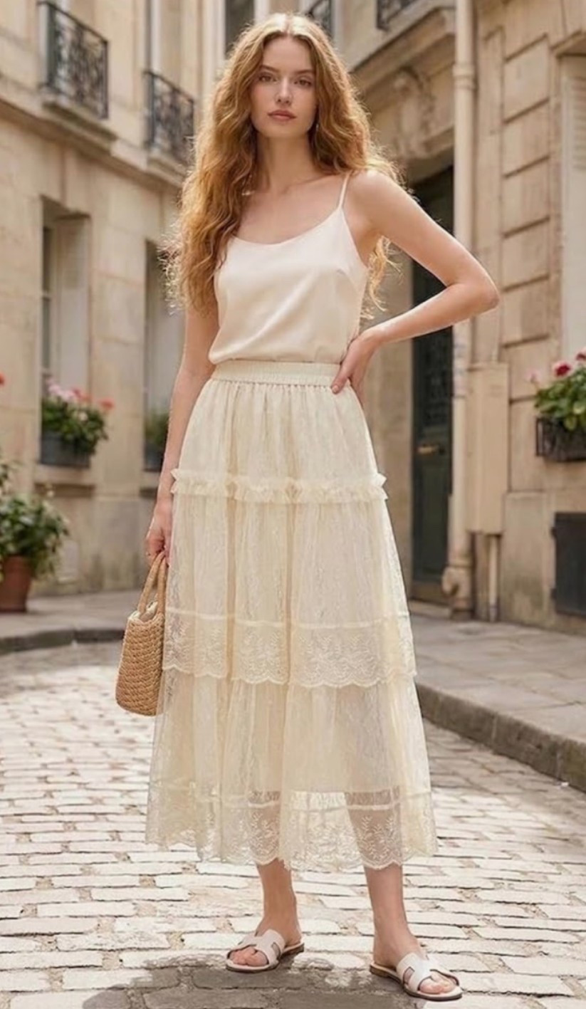 Romantic tiered lace maxi skirt with that windswept vintage countryside feel. 🌿 Perfect for garden parties, summer dinners, bridal showers, vacation outfits, photos, concerts, or soft feminine looks when you want something flowy, delicate, and a little dramatic. The floral embroidery, mesh layers, elastic high waist, and A-line shape give it that dreamy old-world feel without looking too costume. 

Grab this skirt if your closet needs a romantic statement piece with soft vintage charm. ☕️🦢🍨

#LTKOver40 #LTKMidsize #LTKWedding