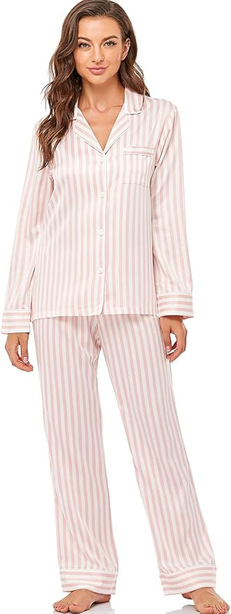 Serenedelicacy Women's Satin Pajama Set Long Sleeve Button Down Sleepwear 2-Piece Striped Silky P... | Amazon (US)