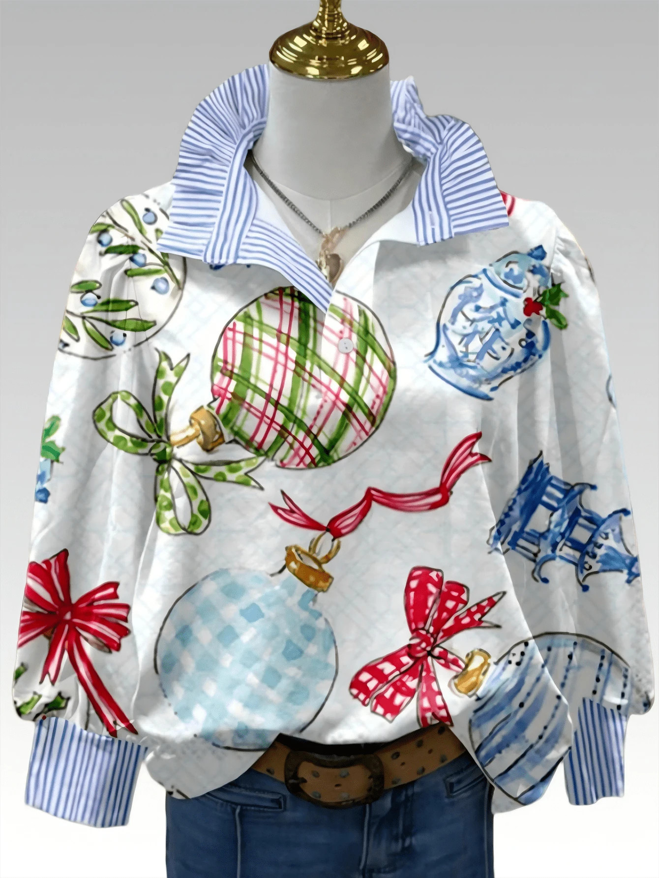 Women's Fashion Christmas - Themed Printed Blouse, Featuring A Unique Striped Ruffle Collar, Puff Sleeves, And Cute Holiday Ornaments Pattern. Perfect For Adding Festive Charm To Your Wardrobe, Suitable For Christmas Gatherings, And Also A Fashion Choice Beyond Holidays. A Must - Have Stylish Piece For Women. | SHEIN