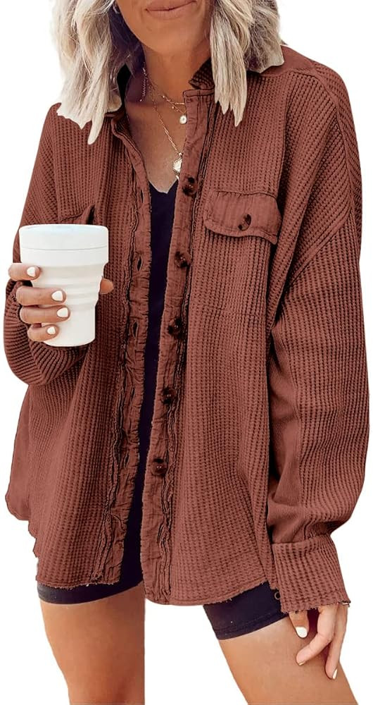 CHARTOU Women's Vintage Banded Collar Button Down Baggy Loose Fit Mid-Weight Frayed Waffle Knit Shac | Amazon (US)