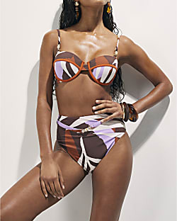 Brown Leaf Print High Waisted Bikini Bottoms | River Island UK & IE