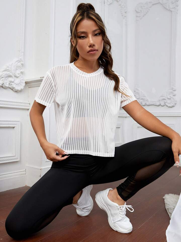 Yoga Sxy Striped Mesh Sports Tee Without Tank Top | SHEIN