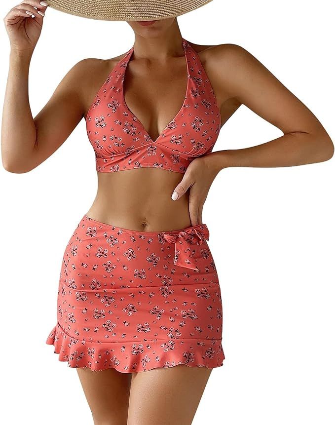 Women 3PC Bikini 2024 Fshion Summrt Tankini Multi Colored Floral Sexy Halter Neck Split Swimsuit ... | Amazon (US)