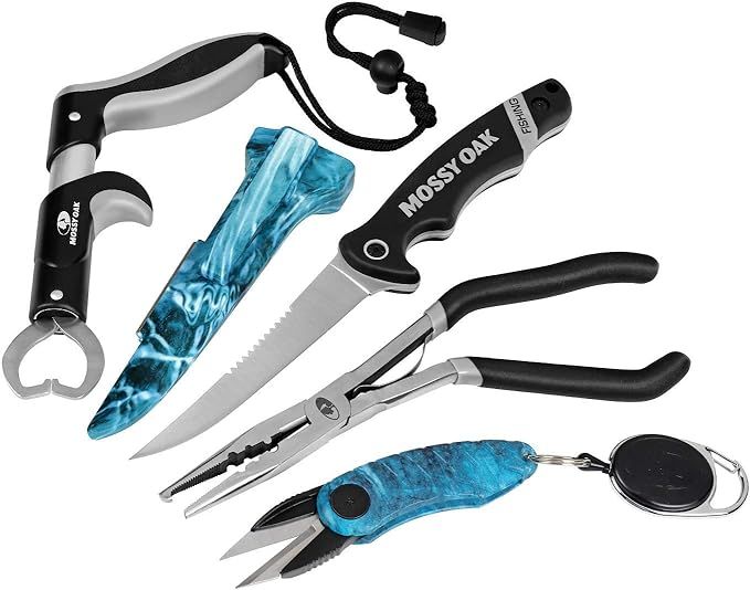 Amazon.com: Mossy Oak 4pc Fishing Tool Kit - Pistol Grip Fishing Pliers, Fish Fillet Knife, Fishi... | Amazon (US)