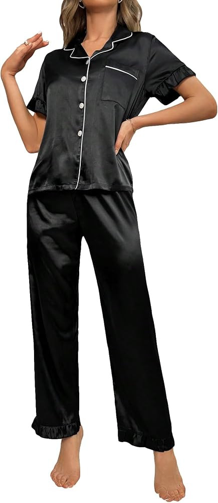 Women's 2 Piece Sleepwear Striped Satin Short Sleeve Shirt and Pants Pajama Set | Amazon (US)