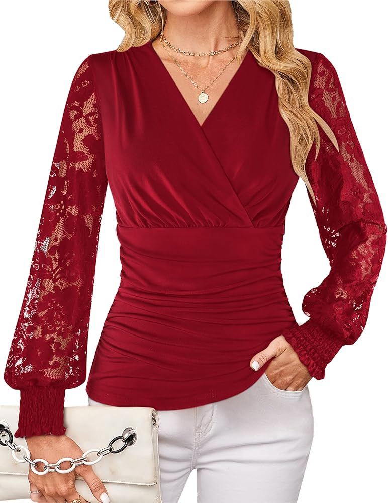 GRACE KARIN 2025 Womens Tops Wrap V Neck Shirt Lace Long Sleeve Blouses Dressy Casual Ruched Top ... | Amazon (US)