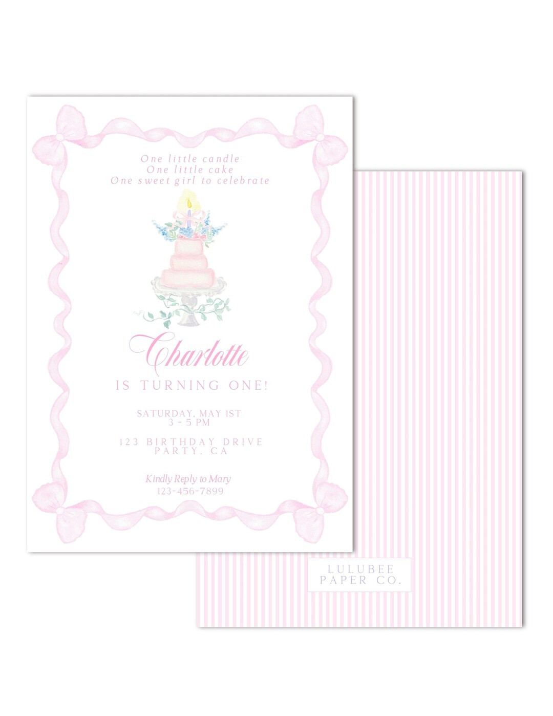 Printable Watercolor Classic Birthday Invitation one Little Candle, One Little Cake, One Sweet Gi... | Etsy (US)