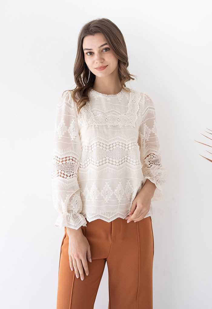 Zigzag Hem Crochet Organza Top in Cream | Chicwish