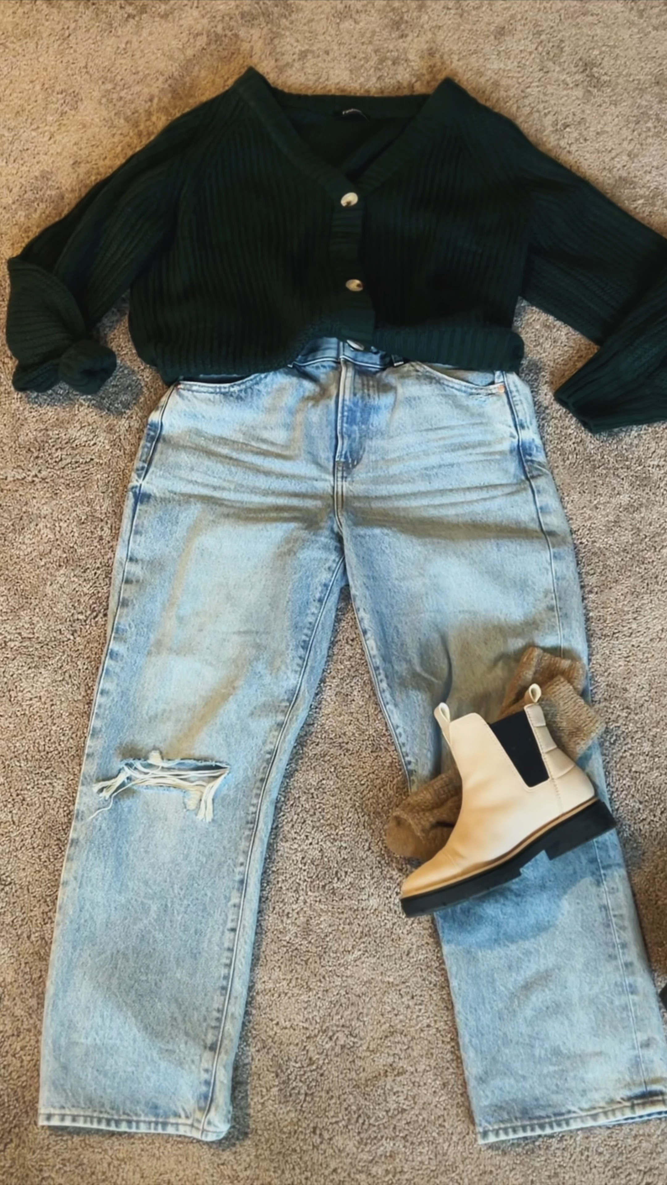 Casual, simple and cute fall/winter (holiday) outfit I wore for our family photos! Sweater can be styled buttoned up and tucked in the front of the jeans or open with a shirt under like a cardigan! Straight ankle jeans and boots. 💚 
#CasualHolidayLooks #CasualHolidayStyle #JeansAndBoots #CasualFallLooks #GreenSweaterLooks #FamilyPhotoOutfits #StraightJeanLooks 

#LTKSeasonal #LTKshoecrush #LTKHoliday