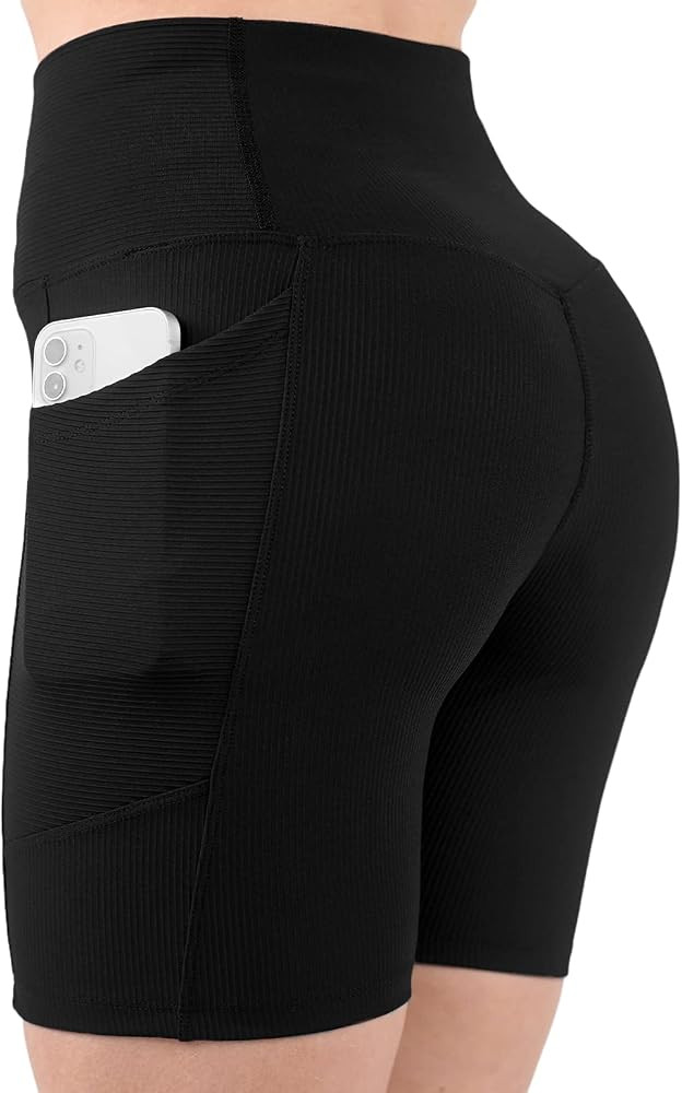 PeachUUga Crossover Biker Shorts Women 5" High Waist Workout Shorts with Pockets Ribbed Athletic ... | Amazon (US)