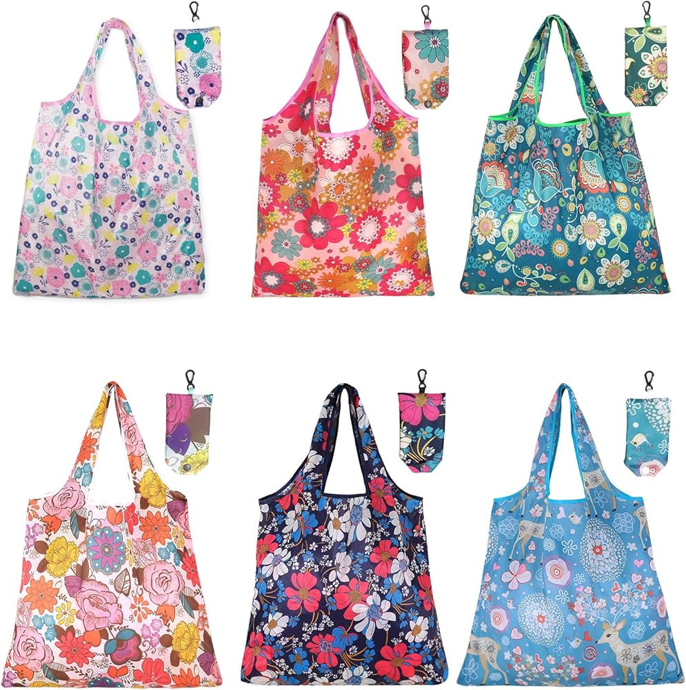 6 Pcs Reusable Shopping Bags Foldable, Machine Washable Shopping Grocery Bags in Pocket , Eco-Fri... | Amazon (US)