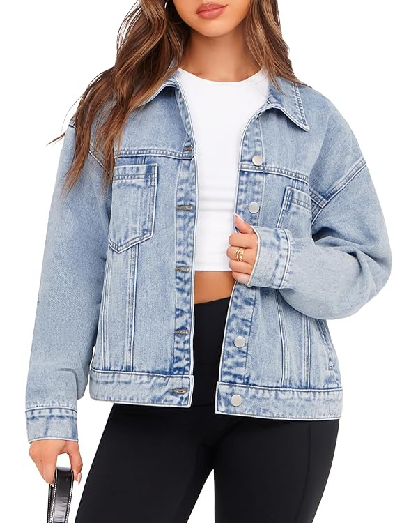 Glamaker Womens Oversized Jean Jacket Casual Long Sleeve Button Down Denim Jacket Fall Coat | Amazon (US)