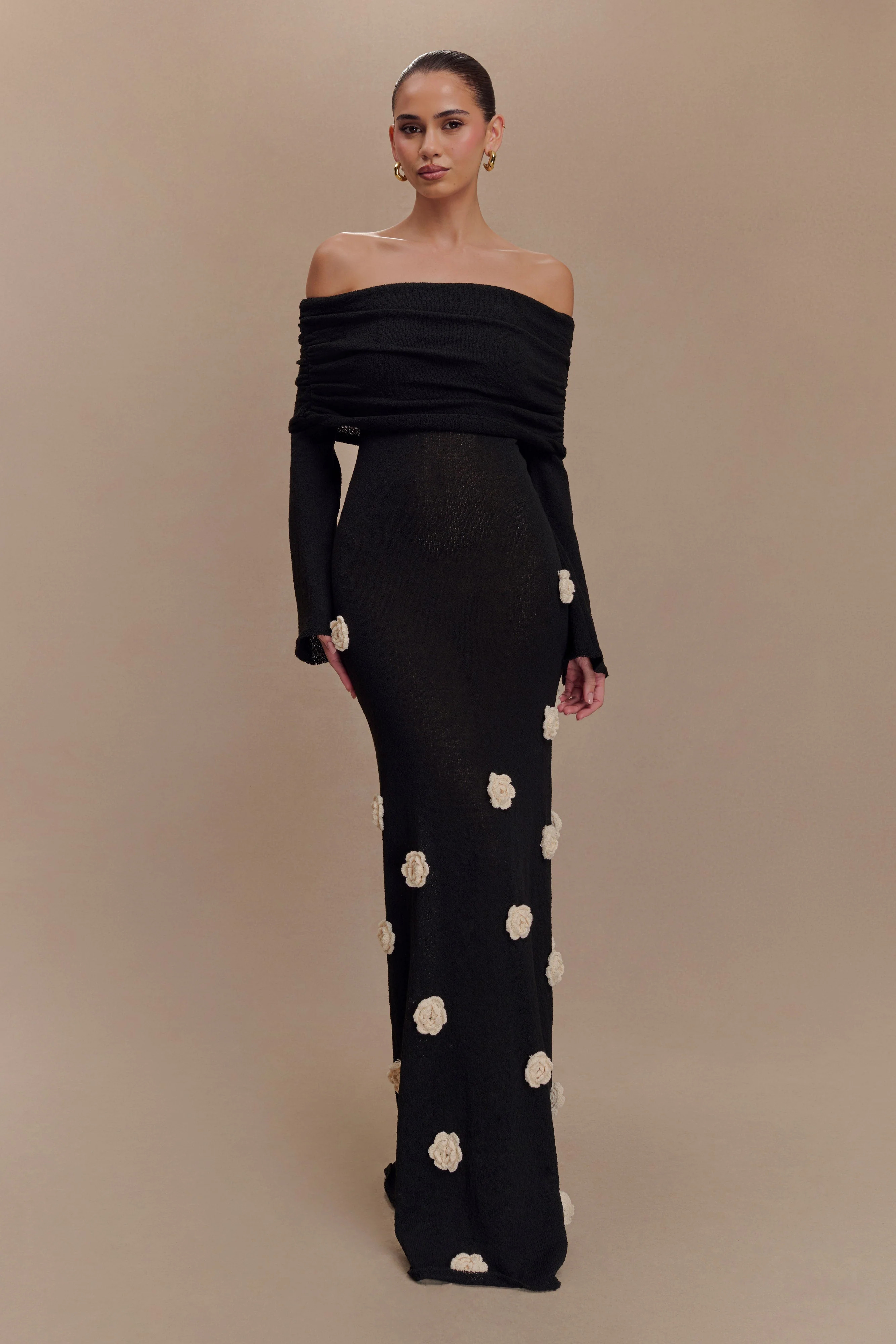 Kiki Off Shoulder Knit Rose Maxi Dress - Black/White | MESHKI US