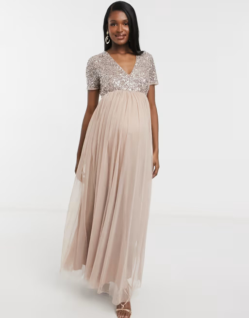 Maya Maternity Bridesmaid v neck maxi tulle dress with tonal delicate sequins in taupe blush | ASOS US
