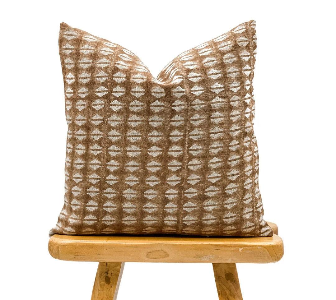 Designer Tan Brown Geometric Print on Natural Linen Pillow - Etsy | Etsy (US)