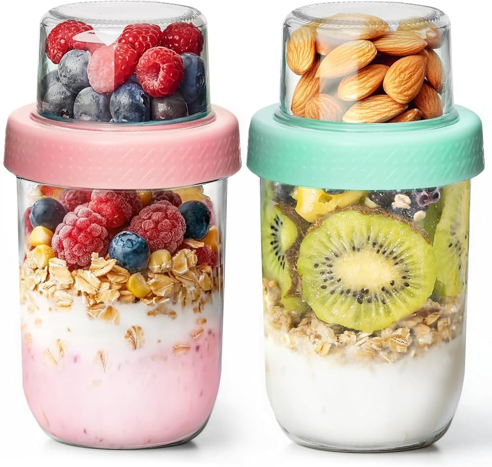ComSaf 2-Pack 16 oz Overnight Oats Containers with Lids, Glass Jars with Airtight Lids, Dual-Lary... | Amazon (US)