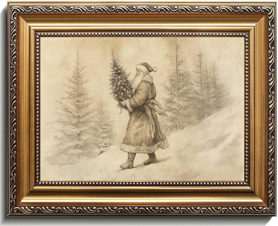 Vintage Santa Claus Wall Art Print with Gold Frame, Winter Landscape Drawing, Rustic Christmas De... | Amazon (US)