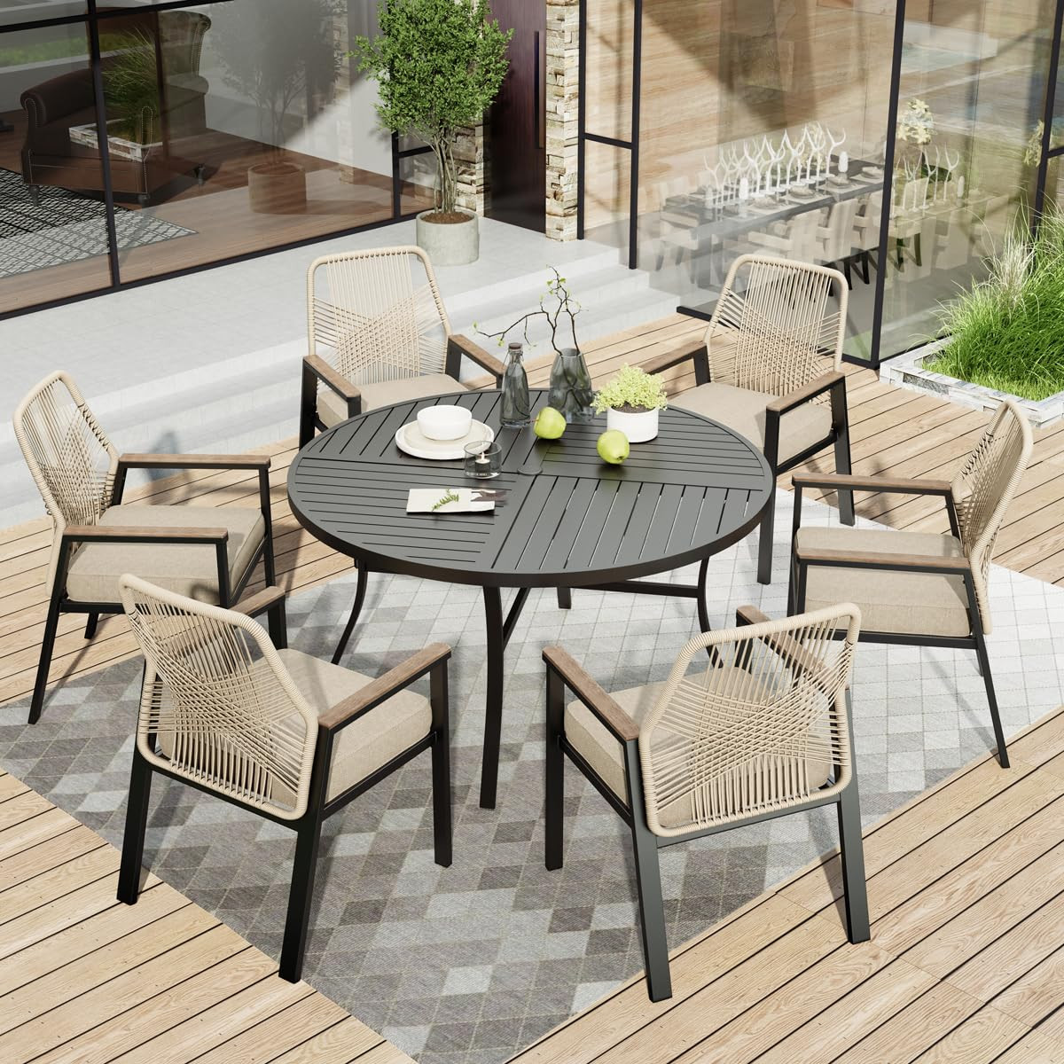 HERA'S HOUSE 7 Pieces Patio Table and Chairs Set, Outdoor Dining Set for 7, 6 x Cushioned Woven R... | Amazon (US)