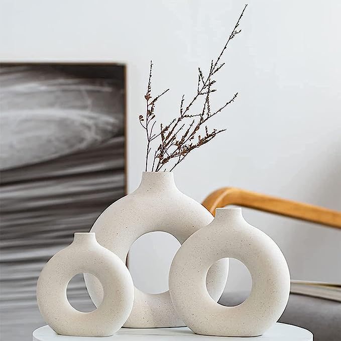White Ceramic Vases Set 3 for Modern Home Decor,Round Matte Pampas Flower Vases Minimalist Nordic... | Amazon (US)