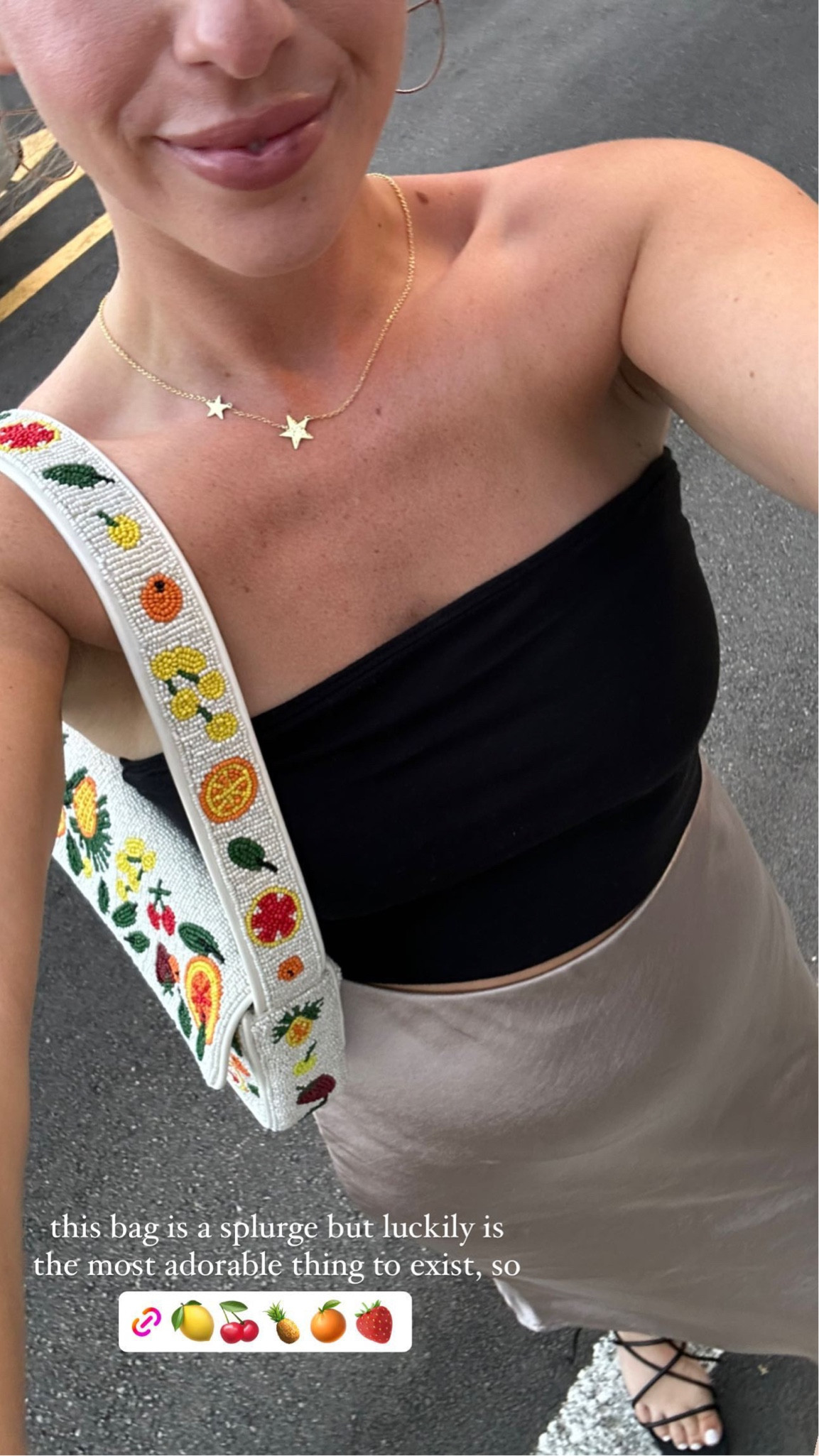 Strapless top and satin midi skirt (linked similar), so chic and easy for Europe! Black lace up sandals (wearing 6.5, fit tts)
CUTEST beaded fruit purse ever 😍
Europe / Italy outfit idea 

#LTKeurope #LTKitbag #LTKtravel