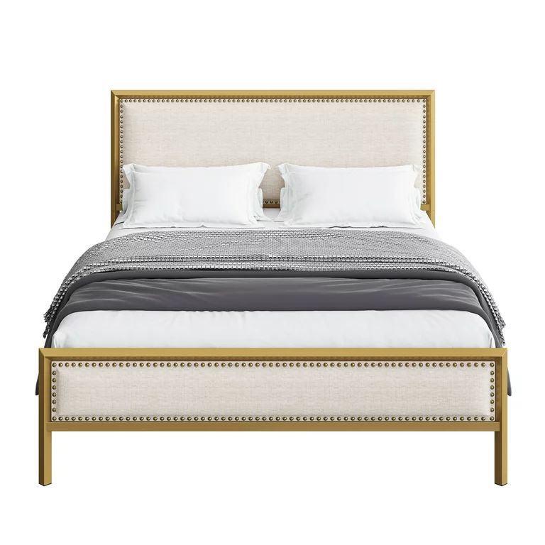 Homfa Full Size Metal Bed Frame with Linen Upholstered Headboard, Gold | Walmart (US)