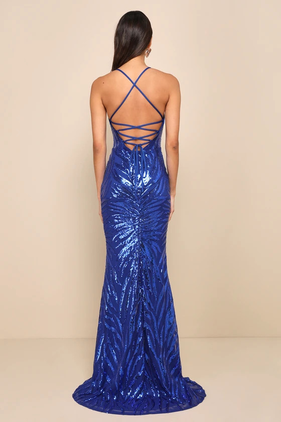 Sparkle 'til Dawn Royal Blue Sequin Lace-Up Mermaid Maxi Dress | Lulus