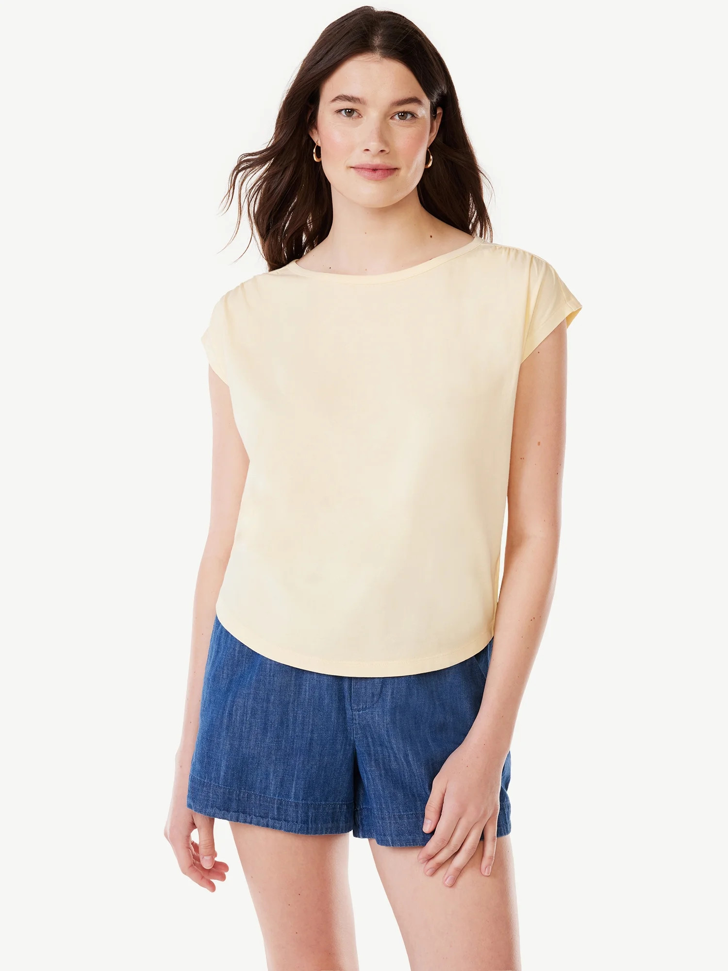 Free Assembly Women's Shirred Shoulder Tee with Short Sleeves, Sizes XS-XXXL | Walmart (US)