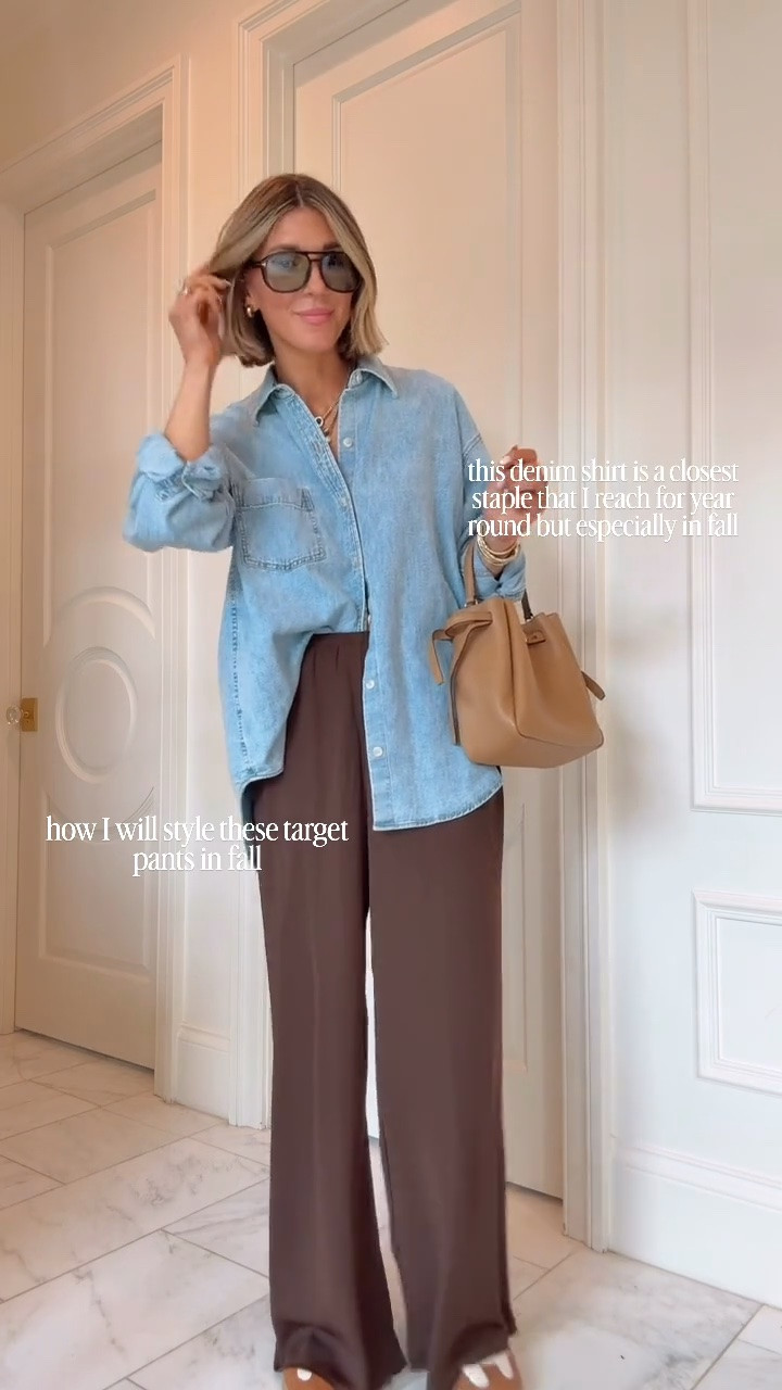 How I'm staring these wide leg pants from @Target that look and feel expensive. I suggest sizing down one size I'm an extra small. This denim shirt is one of my closet staples that I reach for year-round especially during fall. I'm wearing size small and if it's oversized.

#LTKfall