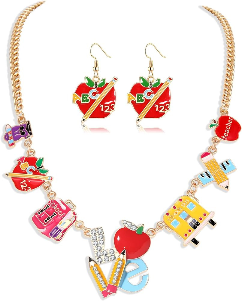 Teacher Necklace Earrings Bracelet for Women, Teacher Accessories, Cute Apple Pencil Book Charms ... | Amazon (US)