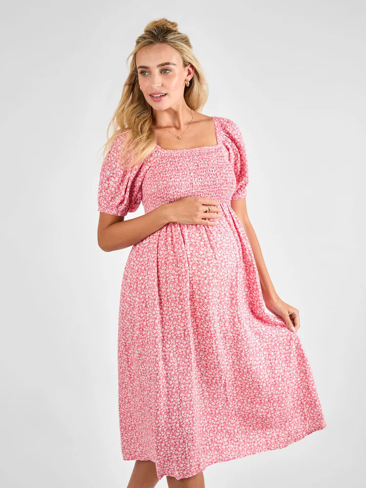 JoJo Maman Bébé Pink Short Puff Sleeve Shirred Midi Dress | Next US