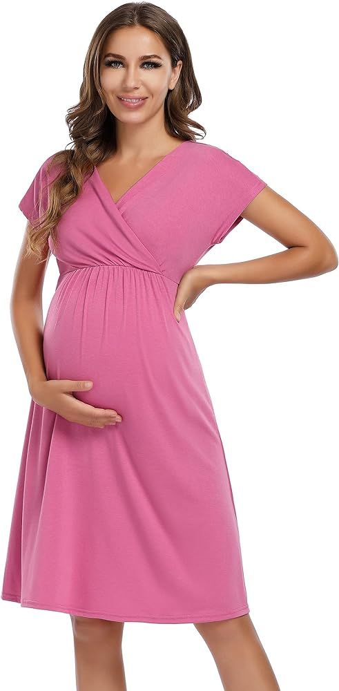 Coolmee Maternity Dress Women's V-Neck A-Line Knee Length Wrap Dress Swing Dresses for Baby Showe... | Amazon (US)