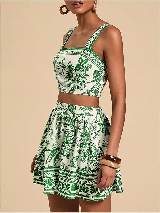 Floerns Women's Two Piece Outfit Tropical Crop Cami Top and Summer Skirts Set | Amazon (US)