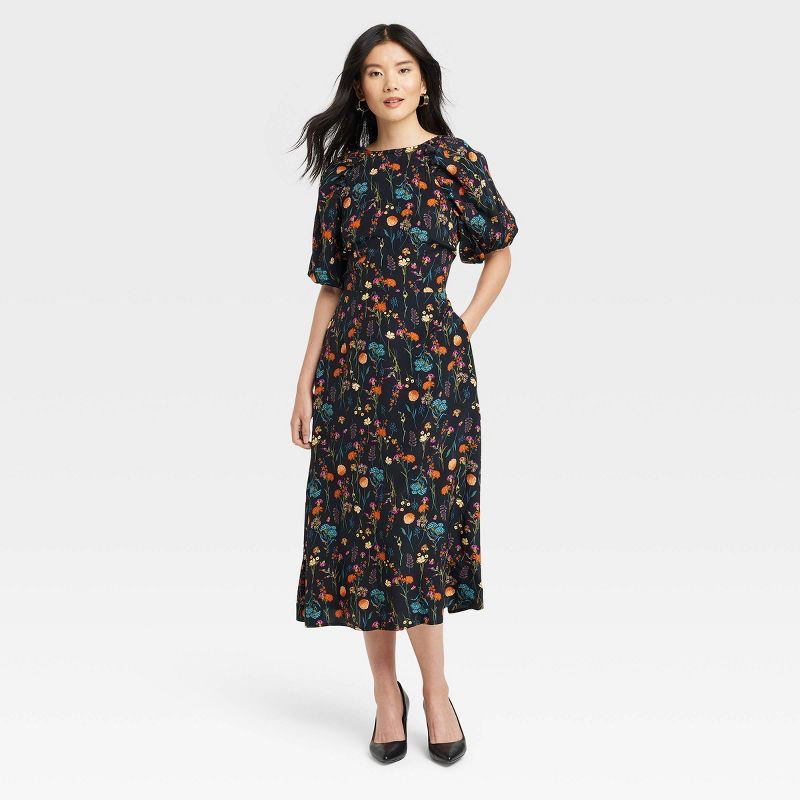 Women&#39;s Puff Short Sleeve Dress - A New Day&#8482; Black Floral L | Target