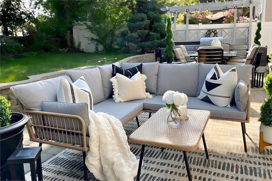 YITAHOME 4 Pieces Patio Furniture Set, Outdoor Wicker Conversation Sectional L-Shaped Sofa with 5... | Amazon (US)