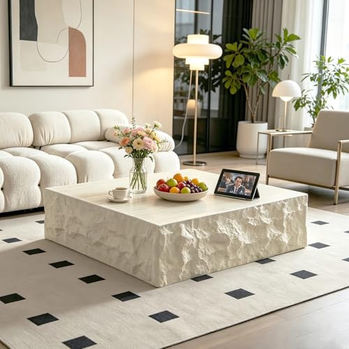 LETBASK 35.43" Modern Square Travertine Coffee Table, Faux Marble Center Table, Stone Accent Table, Concrete Coffee Table for Living Room, Apartment, Office, No Need Assembly (35.43", Square) | Amazon (US)