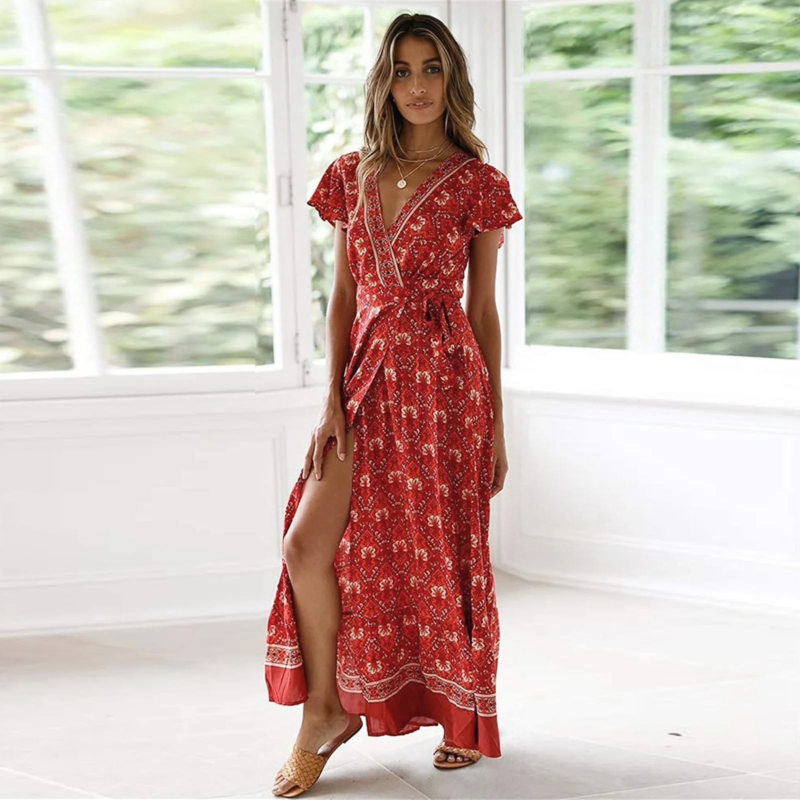 GYEDTR Women's Summer Wrap V Neck Maxi Dress Short Sleeve Floral Print Belted Boho Flowy Loose Ki... | Walmart (US)