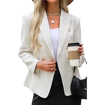 ELLEVEN Women's Tweed Blazers Business Casual - Long Sleeve Double Breasted Jackets Open Front Wo... | Amazon (US)
