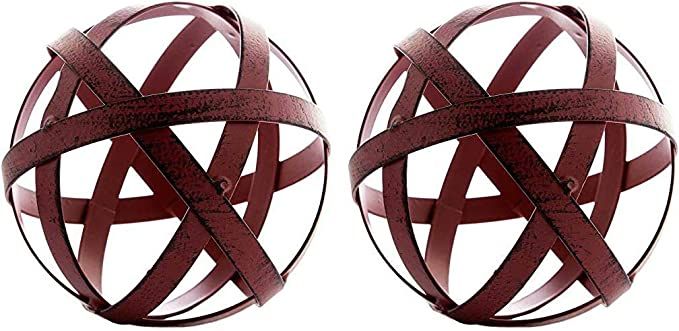 Everydecor Decorative Sphere Set of 2 - Distressed Red Metal Bands Sculpture - Modern Home Decor ... | Amazon (US)
