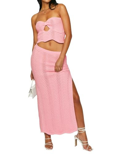 Knit Sets for Women Summer 2 Piece Outfits Strapless Tube Top Side Slit Maxi Skirt Going Out Vacation Set Pink S | Amazon (US)