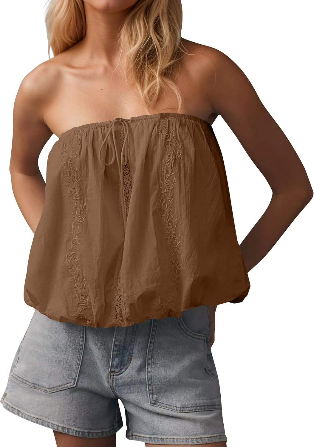 Women Lace Embroidered Drawstring Tie Bust Bubble Tube Tank Top | Amazon (US)