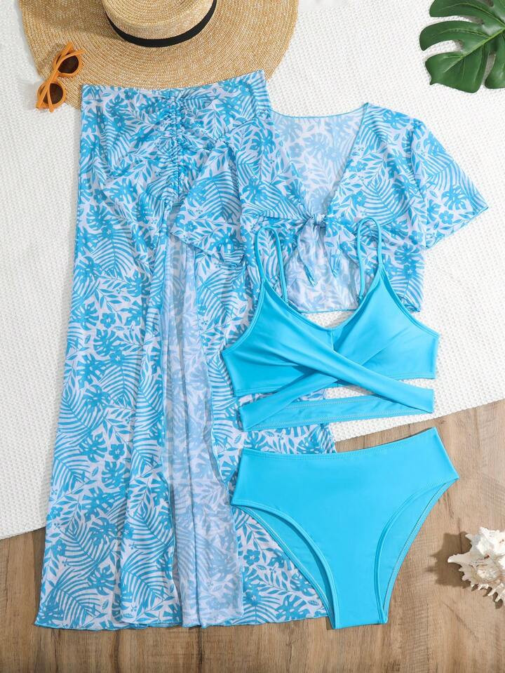 SHEIN Teen Girls Tropical Print Crisscross Bikini Swimsuit With Cover Up Set | SHEIN USA | SHEIN