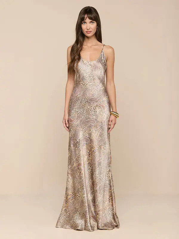 Charmaine Silk Gown in Tan/Mauve Valencia Leopard | L'AGENCE | L'Agence