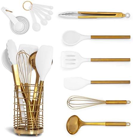 Amazon.com: White Silicone and Gold Cooking Utensils Set with Gold Utensil Holder: 17PC Set Inclu... | Amazon (US)